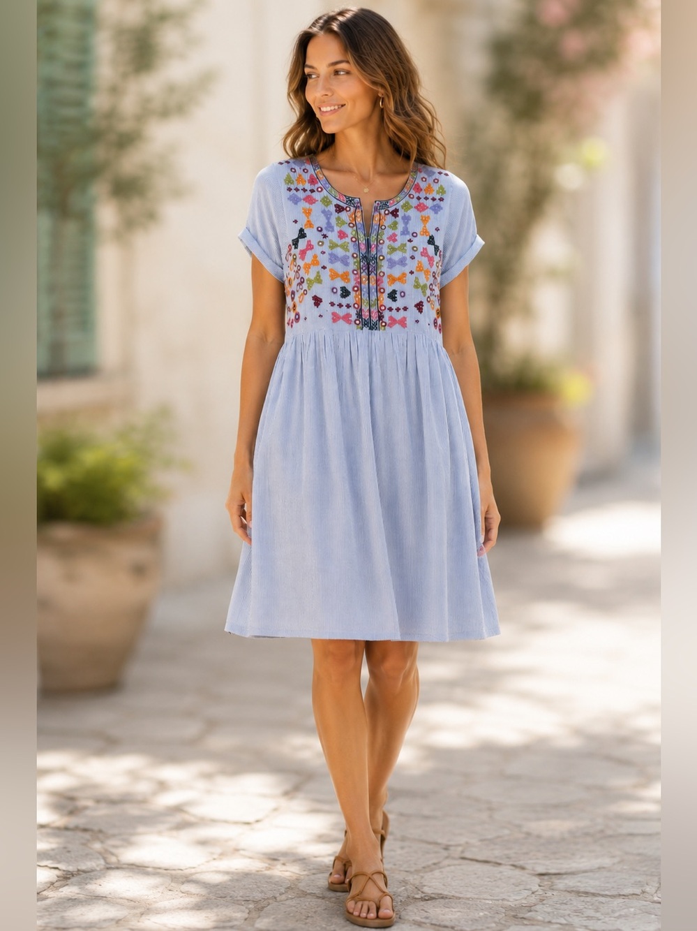 Roller Rabbit Sz S Blue Striped Embroidered Cotton Dress Boho Cottagecore